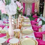 Princess table setting gold and hot pink